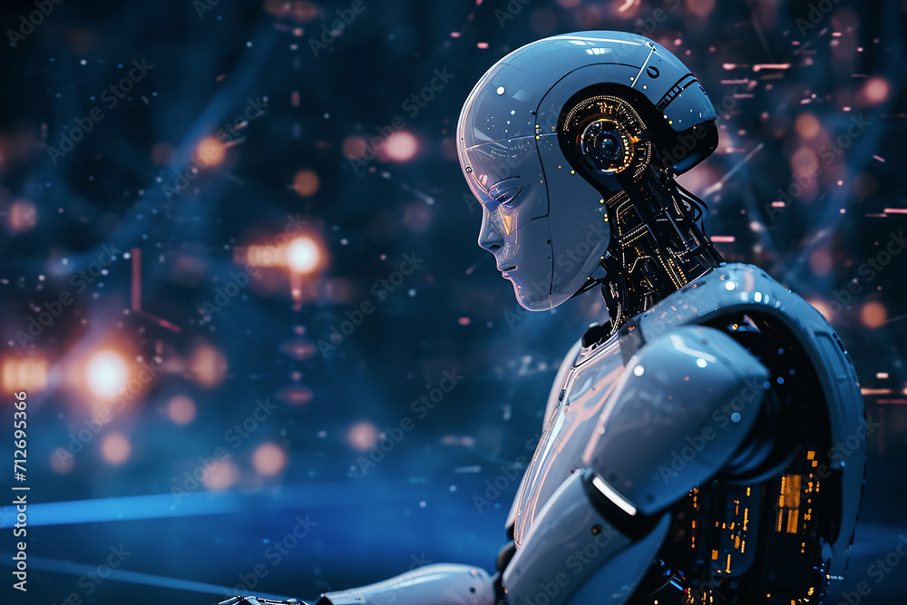 profile view of a humanoid robot with a sleek, modern design, set against a backdrop of blurred lights and a digital environment. The robot's head is detailed with futuristic elements and circuits profile view of a humanoid robot with a sleek, modern design, set against a backdrop of blurred lights and a digital environment. The robot's head is detailed with futuristic elements and circuits