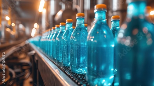 Row of bottles on conveyor belt with blue lemonade, close up, food and drink production      © Emil