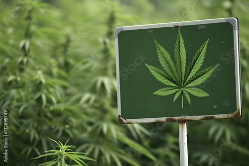 Cannabis-Industriewandel: Leeres Schild vor einem Hintergrund aus Cannabis-Pflanzen symbolisiert gesetzliche Veränderungen und neue Perspektiven. photo