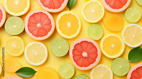 orange fruit. Slices of lemon  lime  pink grapefruit and orange yellow background   Generate AI