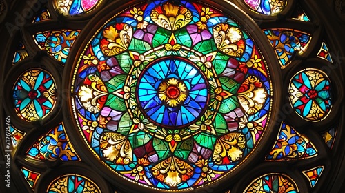 Stained glass window vibrant colors, intricate design 