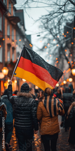 Mehrere Menschen halten deutsche Fahnen hoch