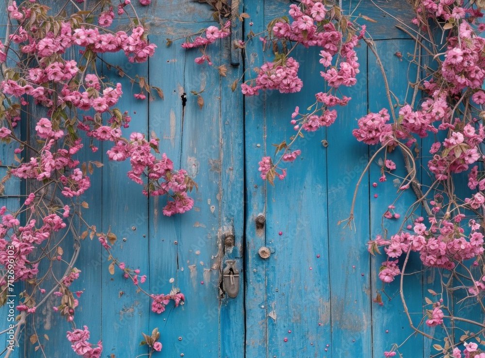 a blue door is covered with pink flowers