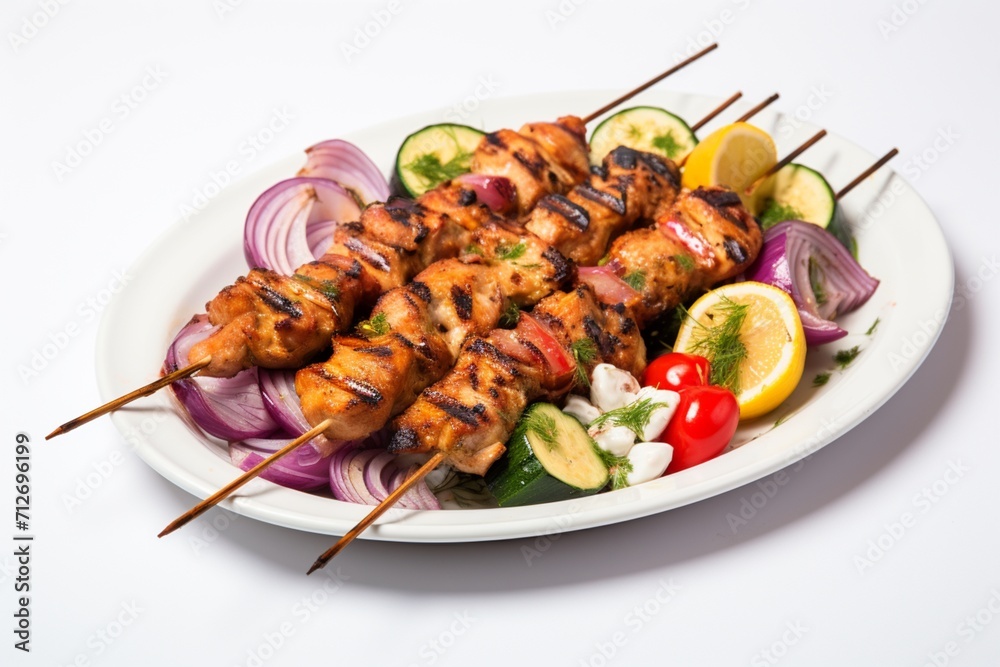 A plate of grilled chicken kebab and vegetables with sauce ai generative