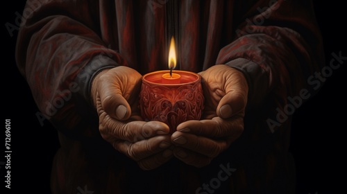 A closeup shot of holding Hands cradling a burning Candle Light ai generative image