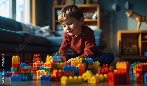 a boy is playing with blocks in his livingroom photo