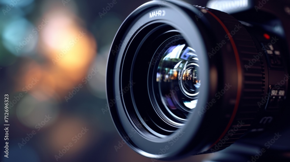 Video camera lens close up. 21 to 9 aspect ratio    - obrazy, fototapety, plakaty 