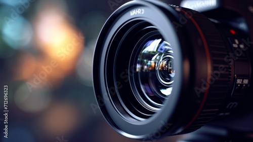 Video camera lens close up. 21 to 9 aspect ratio 
