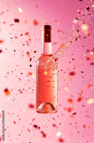 a bottle of wine is flying in the air on a pink background