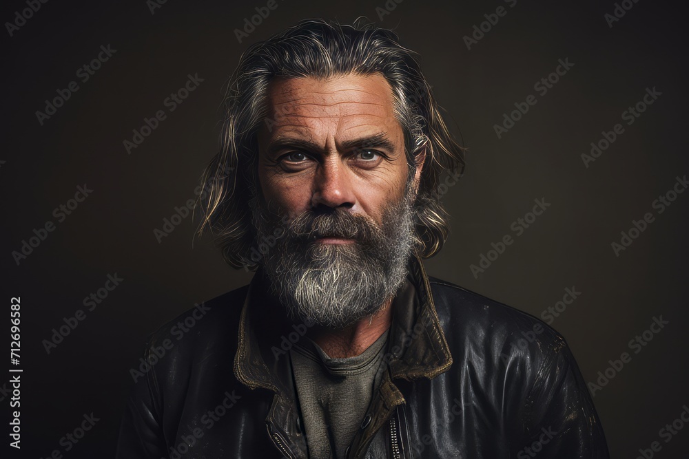 Handsome man with long gray beard and mustache in leather jacket on dark background