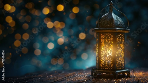an islamic lantern sitting on the ground with bokeh lights islamic light