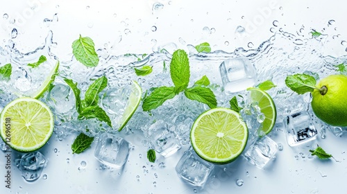 Water splash on white background with lime slices, mint leaves, and ice cubes as a concept for summertime libations 