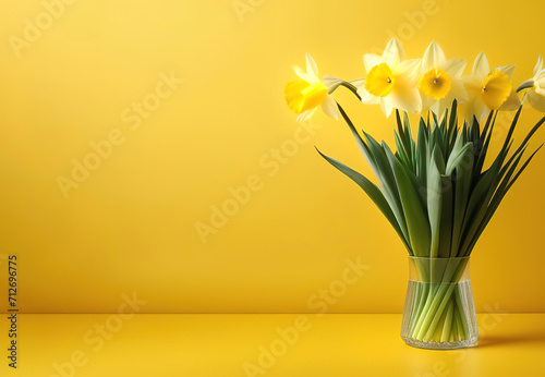 Fresh spring flowers narcissus bouquet in glass vase on yellow background mothers day valentines