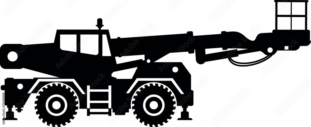 Silhouette of Aerial Work Platform Bucket Truck Icon in Flat Style. Vector Illustration