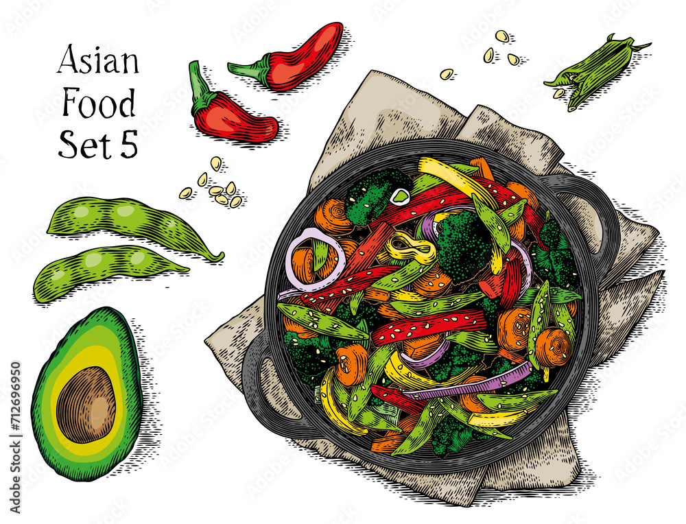 Obraz na plátně Drawing of lot of asian food 5