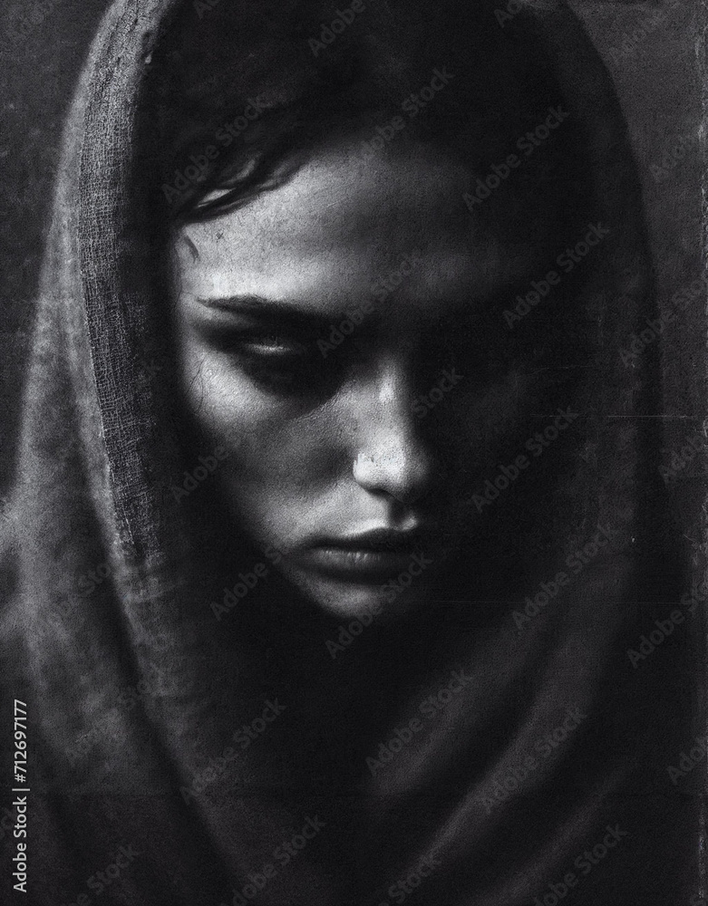 Beautiful Jewish woman girl from the bible / Torah times, princess Esther or Rebecca, Rachel or Mary Magdalene - dramatic cinematic black and white portrait illustration