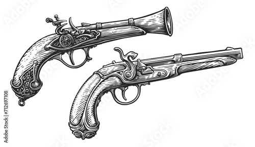 Ancient musket pistol with wooden grip. Flintlock gun sketch. Hand drawn sketch vintage vector illustration photo