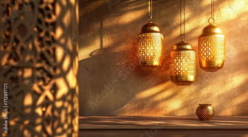 3 gold hanging lanterns on the wall next to a table © olegganko