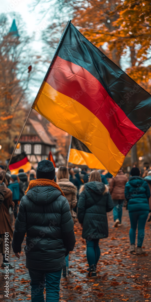 Mehrere Menschen halten deutsche Fahnen hoch