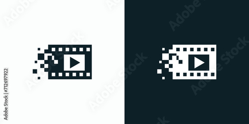 Film strip pixel vector logo design with play button.