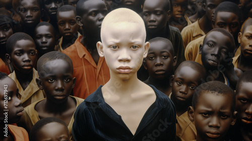 An African albino boy stands in the center of a crowd of other dark-skinned peoples. The concept of being different. Not like everyone else. Loneliness. Isolation, one amidst the crowd. © Roxy jr.