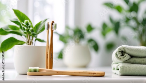 Bamboo toothbrushes in holder, towel, houseplant, Clean, white bathroom photo