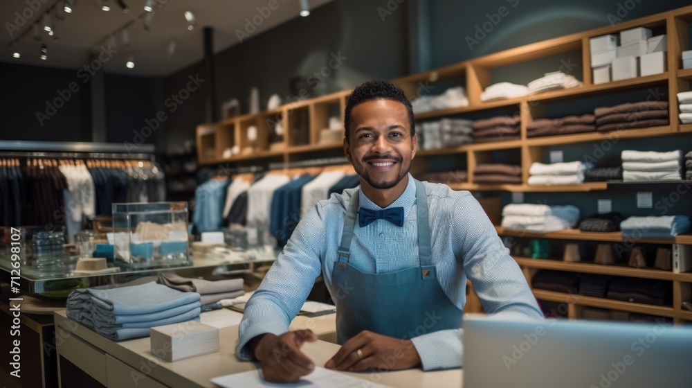 Closeup male clothing store worker at the checkout counter