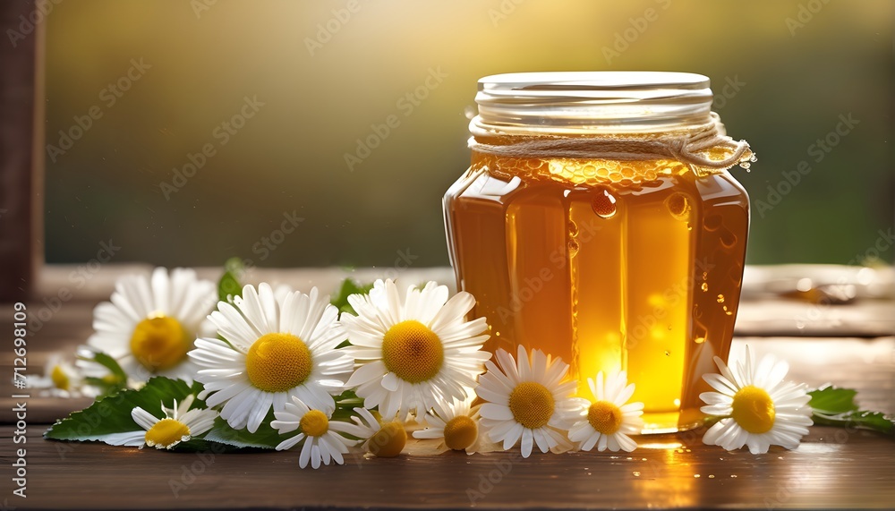 Jar of honey with chamomile flowers on a wooden table. Health and wellness concept Jar of honey with chamomile flowers on a wooden table. Health and wellness concept