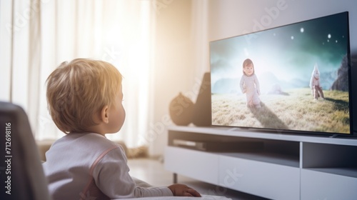 A boy sitting on the sofa in a living room and watching television, back view angle