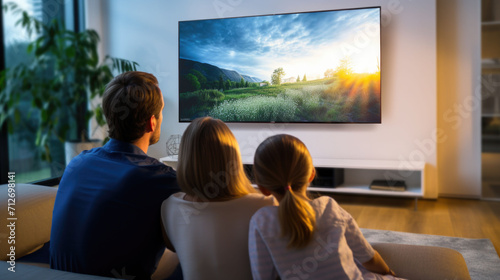 A family sitting on sofa in living room and watching television, back view angle photo