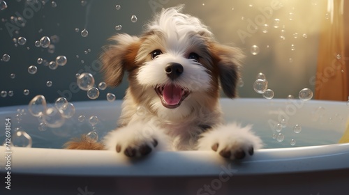 A Cute Little Dog Taking a Bubble Bath with His Rubber Duck