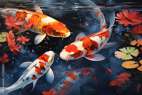 Koi pond, koi fish, fish pond, illustration of a fish pond, asian koi