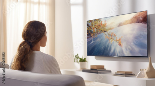 A young woman sitting on a sofa in living room and watching television, back view angle