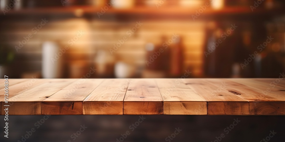 Obraz na płótnie Blurry kitchen backdrop with wooden tabletop. w salonie