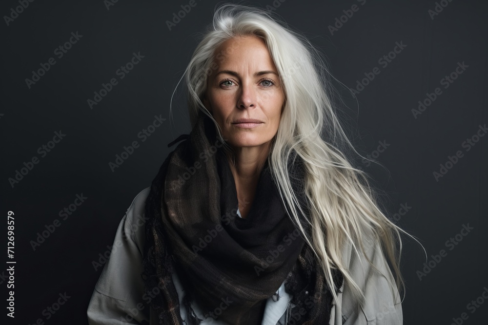 Portrait of a beautiful middle-aged woman with long blond hair wearing a shawl. Portrait of a beautiful middle-aged woman with long blond hair wearing a shawl.