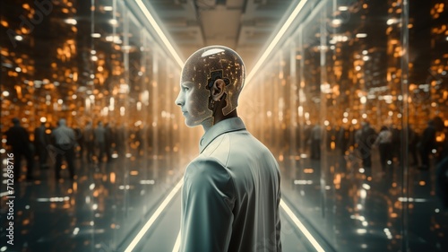 Cyborg with Advanced Neural Interface in Futuristic Corridor