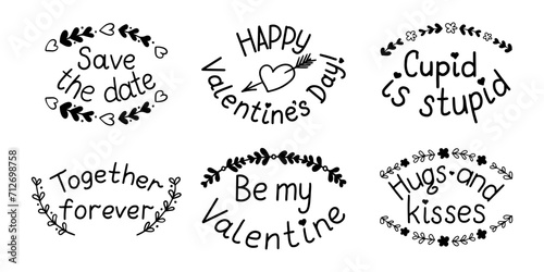 Set of hand drawn Valentines doodle lettering with floral frames