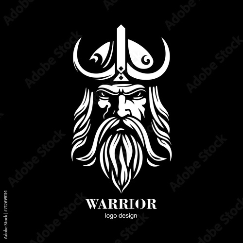 Black and white viking logo on a black background. Emblem of a Scandinavian bearded warrior in a horned helmet. Vector illustration