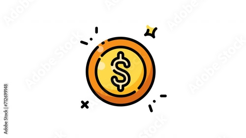 Animated golden coin with dollar sign, radiating sparkles and lines suitable for financial presentations, websites, and business videos. Wealth, finance, prosperity. (ID: 712699148)