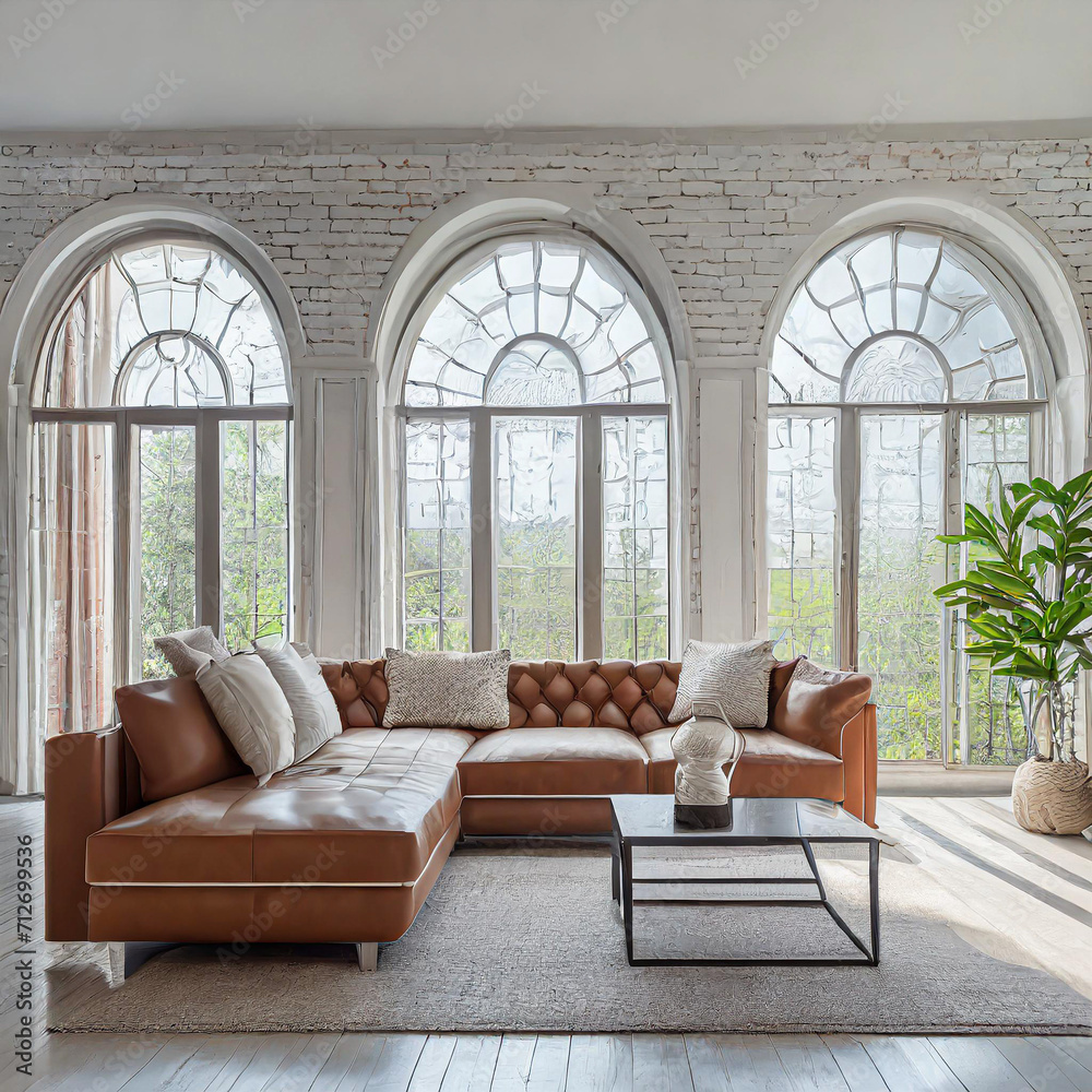 Tufted sofa against arched windows. Minimalist loft luxury home interior design of modern living room in villa.
