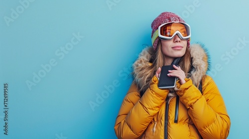 Skier shocked young woman wears warm padded windbreaker jacket hat ski goggles mask hold use mobile cell phone travel rest spend weekend winter season in mountains isolated on plain blue background. photo