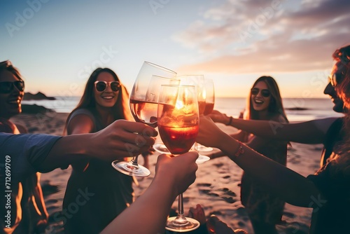 group of diverse young people party drinking wine on the beach photo