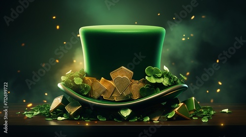 St Patrik day template or background, green hat decorated with gold and clover, , space for text