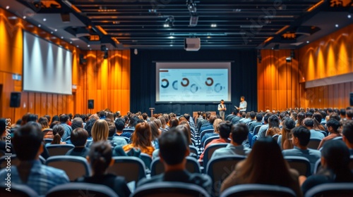 Speaker giving a talk at a corporate business conference. Audience in hall with presenter in front of presentation screen. Corporate executive giving speech during business and entrepreneur seminar.