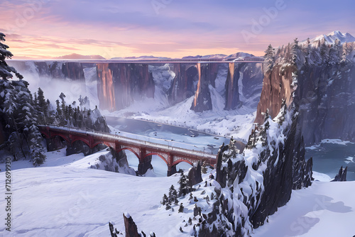 Riverside covered in snow. Generative AI.