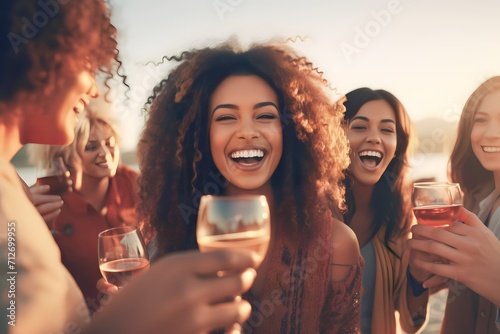 group of diverse young people party drinking wine on the beach