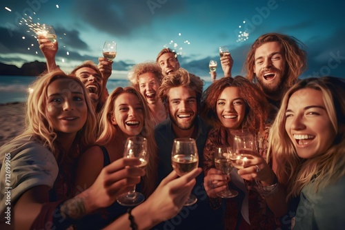 group of diverse young people party drinking wine on the beach