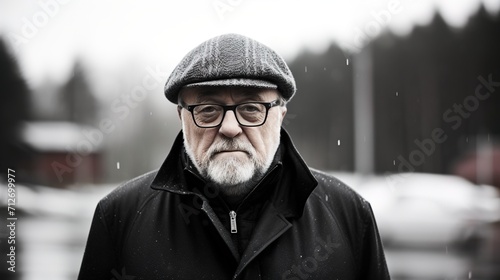 Portrait of a serious looking man wearing a tweed cap and glasses