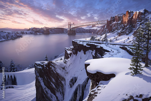 Winter scenery around the big bridge. Generative AI.