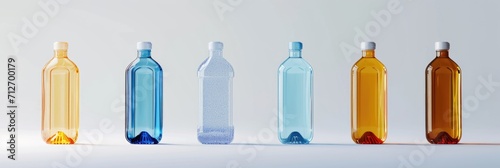 A row of different colored bottles on a white surface